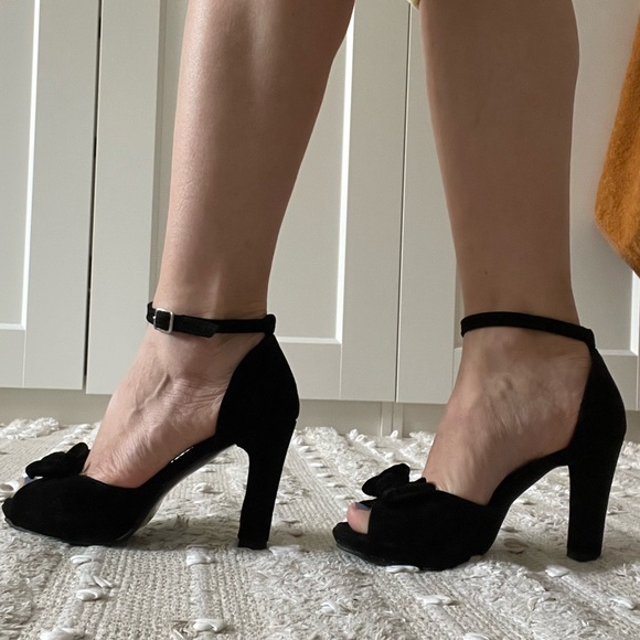 Black Suede Peep Toe Heels - Picture 3 of 4
